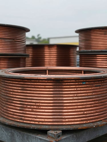 Close-up of weathered copper wire coils stacked on an industrial scale in an outdoor recycling yard, natural overcast daylight, raw metallic textures.