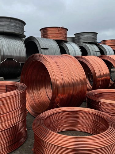 Close-up of sorted copper wire coils and heavy metallic scrap piled in an industrial yard, overcast natural daylight, 35mm lens