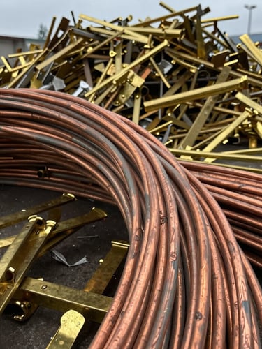 Close-up of raw copper cables and sorted brass scrap piled in an industrial metal recycling facility, daylight