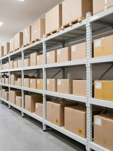 Wide-angle bright daylight editorial photograph of a clean, highly organized modern logistics warehouse, white shelves, structured packaging boxes, soft natural light, 50mm lens