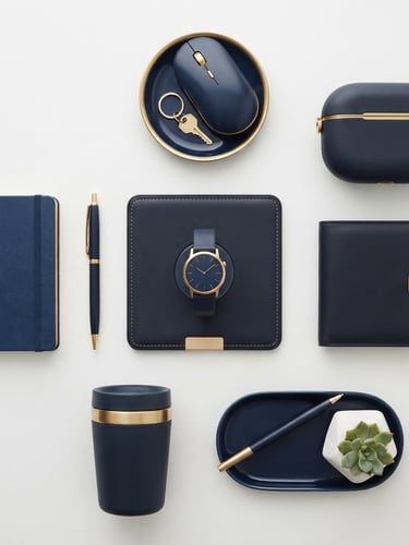 Overhead minimalist flat-lay of clean, high-end consumer goods, structured arrangement on a white background with subtle warm gold accents, sharp focus.
