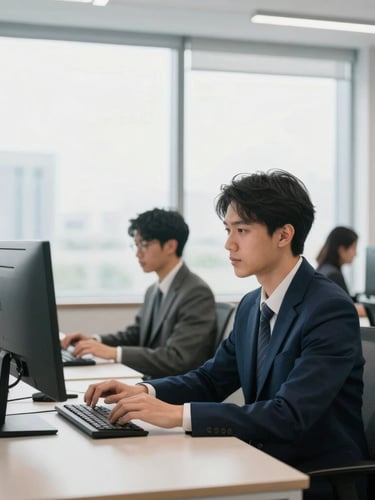 Professional corporate photography of a modern, clean office environment in Ampang, bathed in bright natural daylight, with a focused team member at a digital workspace, clean navy and grey tones, sharp focus, 35mm lens