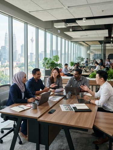 Wide shot of a modern, clean corporate office in Ampang, Malaysia, with a professional team collaborating at a large desk, bright natural daylight streaming through windows, soft shadows, sharp focus, 35mm lens.