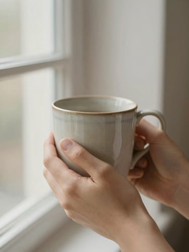 Close-up of hands holding a warm, textured ceramic mug, soft natural window light, shallow depth of field, 35mm.