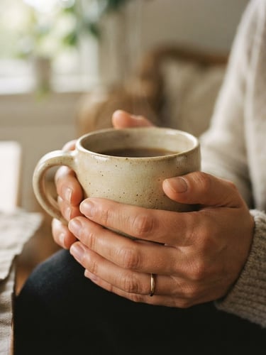 A close-up of hands holding a warm ceramic mug in diffused morning light, soft sand tones, shallow depth of field, 35mm warm editorial photography style