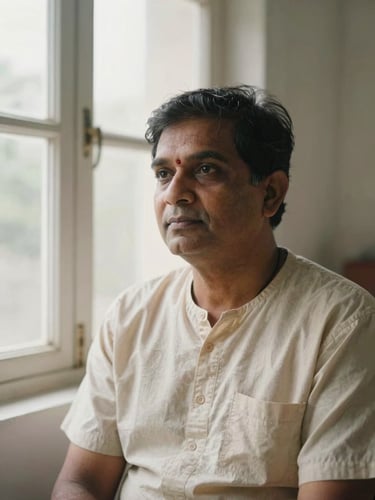 An authentic, warm editorial portrait of an Indian patient in quiet reflection by a window with soft, diffused natural light, 35mm