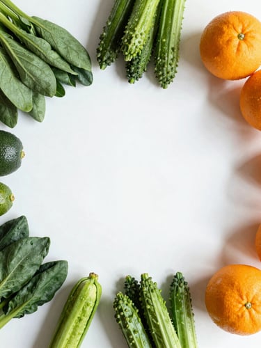 Overhead flat-lay of clean nutrition, fresh whole foods, vibrant green vegetables, and orange citrus fruits on a bright white counter, natural morning daylight.