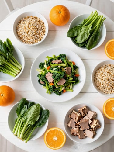 An overhead flat-lay of a colorful, fresh family meal on a white wooden table, featuring ripe oranges, green leafy vegetables, whole grains, and clean protein, bright natural morning daylight.