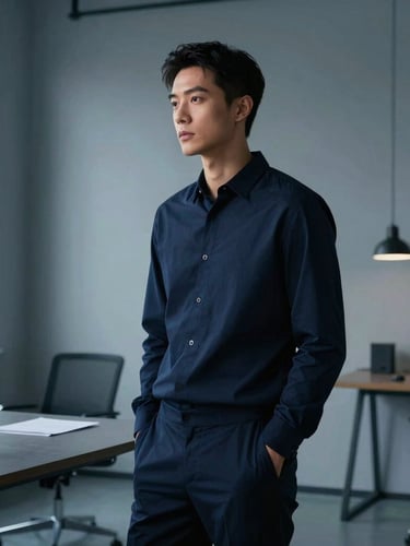 Sleek editorial portrait of a disciplined male creator in a modern minimalist Chicago loft, cool dramatic side lighting, deep navy and steel blue tones, 35mm lens.