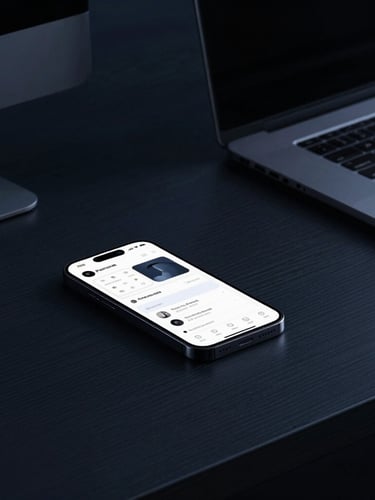 Sleek editorial photography of a minimalist workspace, cool low-key lighting, deep navy and steel blue tones, a smartphone displaying a productivity dashboard on a dark oak desk, 35mm lens.