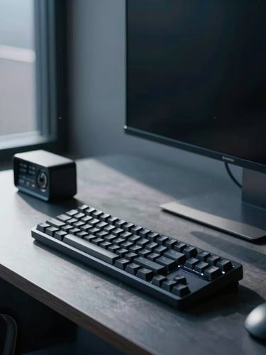 Sleek architectural crop of a minimalist steel-and-glass Chicago workspace, morning light casting long shadows on a mechanical keyboard and analog timer, 35mm photography.