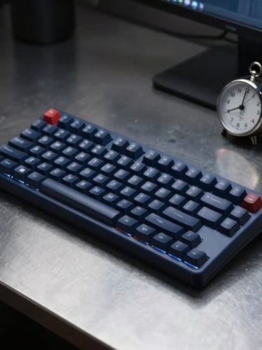 Sleek editorial photography of a clean mechanical keyboard and an analog metal timer on a dark steel desk, cool low-key lighting, deep navy tones, 35mm lens.