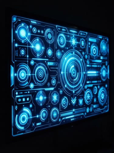 Macro shot of a physical Android TV screen in a dark room, glowing with an electric blue custom interface, high-contrast ambient light, 35mm