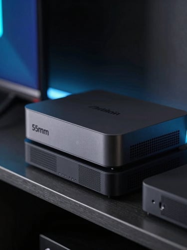 Dark-mode tech photography of physical Android TV boxes and streaming sticks stacked on a metal rack in an atmospheric dark room with neon screen-glow reflections, macro lens, sharp focus, 35mm