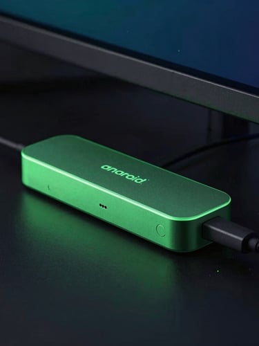 A physical Android TV stick plugged into a sleek monitor, glowing cyber-mint light outlining the hardware, dark ambient background, macro lens.