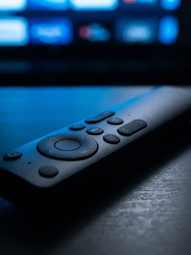 Macro shot of a sleek Android TV remote resting on a dark surface, glowing electric blue screen out of focus in the background, neon reflections, 35mm.