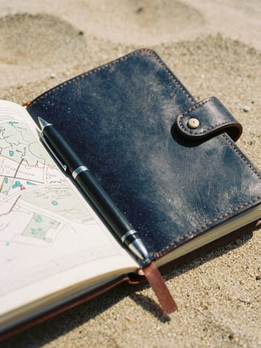 Close-up of a weathered leather travel journal, an ink pen resting on scanned pages with hand-drawn maps, warm natural light, 35mm grain