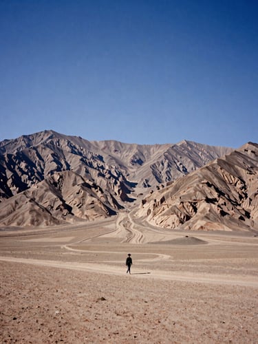 A wide, high-contrast atmospheric landscape of Central Asian desert mountains under a harsh midday sun, a lone traveler walking along a dusty, unmapped route in the lower third, 35mm film grain