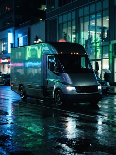 Cinematic wide angle of a sleek modern electric delivery truck driving through a wet city street at night, neon blue and cyber lime ambient glows reflecting on the metallic surface, high contrast, 35mm lens