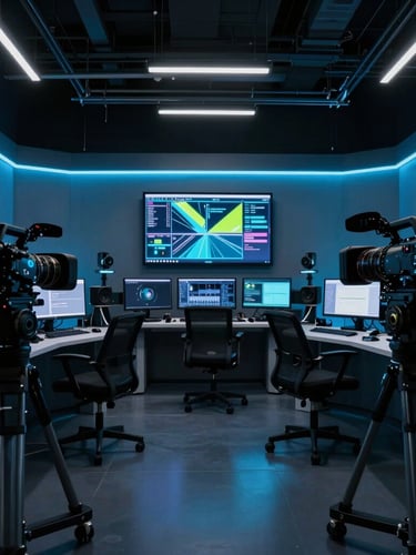 Cinematic wide angle, high-tech multimedia studio setup with glowing neon blue and cyber lime ambient lights, professional cameras, and editing screens, moody atmospheric editorial photography, 35mm lens