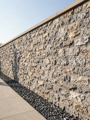 Wide-angle environmental shot of a recently completed, sturdy stone retaining wall with visible drainage gravel at its base, bright morning daylight, crisp shadows, architectural framing.