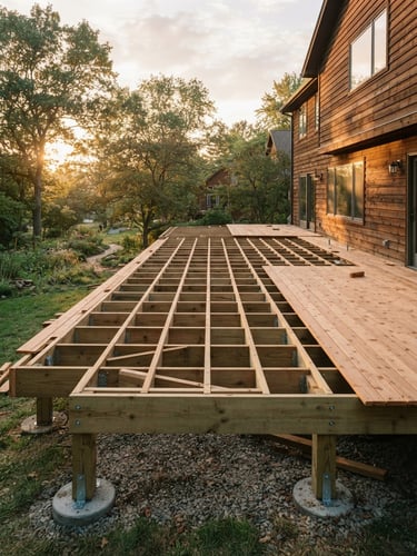Wide shot of a partially completed custom cedar deck frame at sunrise, showing robust pressure-treated lumber and precise joinery, crisp outdoor photography, bright morning daylight, natural colors, sharp focus, architectural framing, 35mm lens
