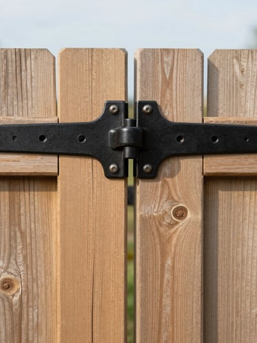 Close-up of heavy-duty black powder-coated gate hardware on a wooden fence, showing robust hinges and latch mechanism, under bright morning daylight.