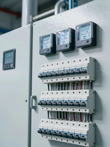 Close-up of a modern industrial electrical distribution board with clean wiring, circuit breakers, and digital power meters, sharp architectural lighting, cool blue tones.