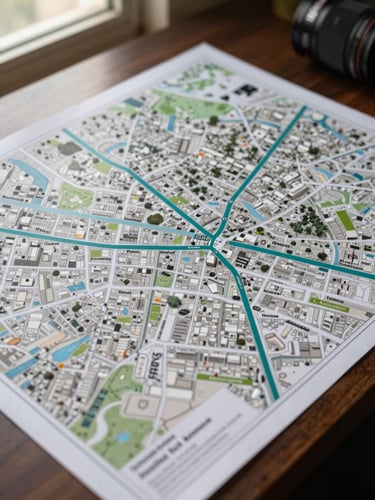 Overhead satellite-style map overlay of DHA Islamabad-Rawalpindi phases, sector boundary lines visible in teal, phase labels annotated, printed on matte paper on a desk under diffused morning window light, close-up framing showing map detail and phase grid