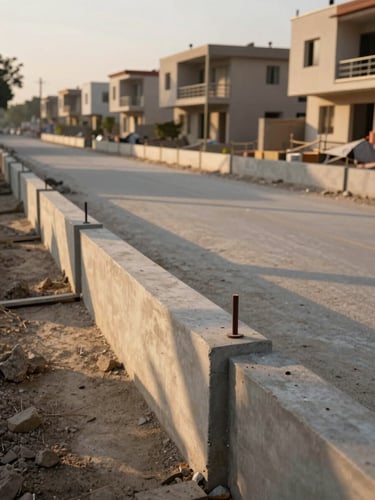 Close-up ground-level photograph of an MPCHS Multi Gardens construction phase in Islamabad, freshly laid boundary walls and plot pegs in the foreground, a completed block of houses visible mid-distance, afternoon golden hour light casting long shadows across the street, documentary style, no text