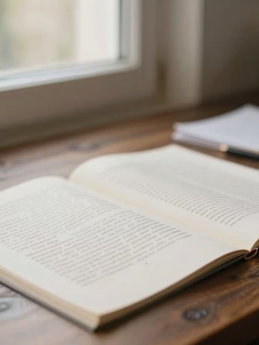 Gros plan éditorial sur des documents juridiques annotés à la main, posés sur un bureau en bois sombre, lumière naturelle douce venant d'une fenêtre latérale, tons marine et crème, profondeur de champ très faible.