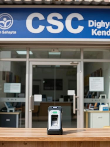 Straight-on eye-level shot of the Gram Sahayta Kendra storefront in Dighal, bright natural daylight, showing the official blue CSC banner, clean glass door, and a biometric fingerprint scanner resting on a wooden counter.