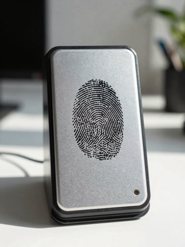 Straight-on close-up of a high-contrast biometric fingerprint scanner on a clean office desk, bright natural daylight, highly detailed and professional.