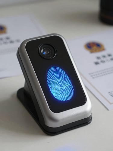 A close-up of a modern biometric fingerprint scanner glowing with a blue light on a clean desk, official government certificates visible in the soft-focus background.
