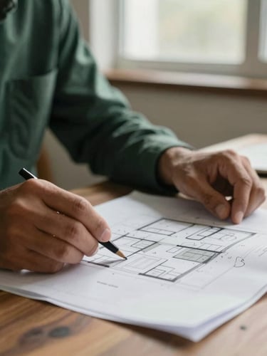 Close-up of hands (a Mexican individual) reviewing architectural plans for a home renovation on a wooden table, with a soft, warm light coming from a window. Editorial corporate photography, soft natural window light, muted deep green and gray tones, shallow depth of field, 35mm.