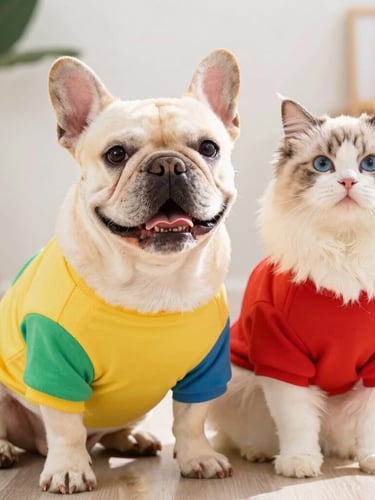 A cheerful French bulldog and a fluffy cat sitting together, wearing vibrant custom-tailored colorful shirts, bright editorial pet photography, warm natural daylight, shallow depth of field.