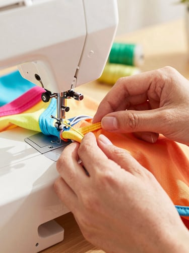 Close-up of hands carefully stitching a colorful pet shirt on a sewing machine, warm natural daylight, vibrant fabrics in background, 50mm