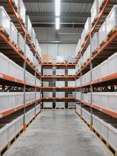 Straight-on eye-level shot of organized warehouse shelves with clean industrial daylight, orange accents on storage bins, 35mm lens