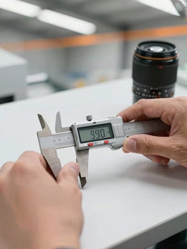 Close-up of a product quality inspection in progress on a clean slate work surface, hands holding a digital caliper measuring a component, bright daylight, 35mm lens.