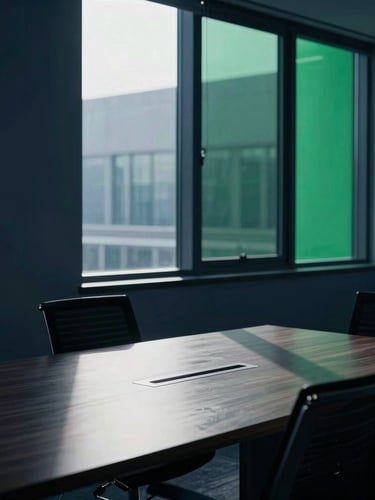 High-contrast corporate daylight filtering through glass windows onto a clean, structured office meeting table, sharp shadows, deep navy tones