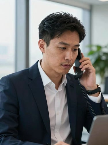 Medium close-up of a B2B sales director in a structured office environment, focused phone call, sharp window light, deep navy tones, 50mm lens