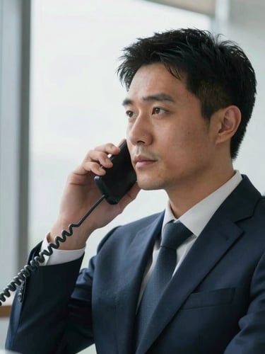 Medium close-up of a focused B2B sales closer on a high-stakes phone call, sharp office window light, high contrast corporate setting, 50mm lens