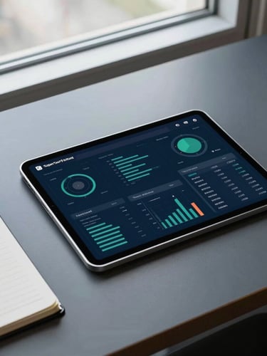 Overhead desk layout showing analytical dashboards on tablet, structured notebook, clean office window light, high contrast, sharp editorial corporate photography