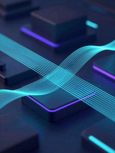 Sleek 3D render of abstract data flows and clean geometric structures, low-key lighting with sharp neon cyan and purple accents, octane render, sharp focus