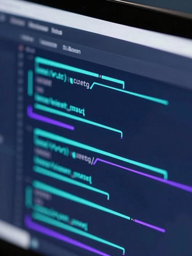 Macro close-up of a high-end display showing clean code interfaces with neon-cyan and purple data flows, sharp focus, octane render