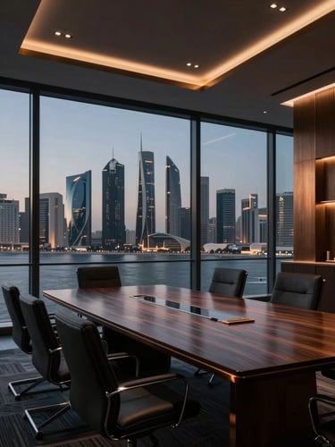 High-end corporate boardroom in Manama with floor-to-ceiling glass overlooking the skyline at dusk, dramatic low-key lighting, bronze accents, 35mm