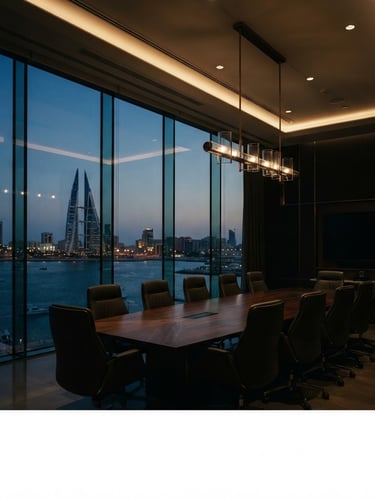 Low-key dramatic architectural lighting on a high-end corporate boardroom in Manama, floor-to-ceiling glass overlooking the Arabian Gulf at dusk, deep bronze reflections, 35mm photography