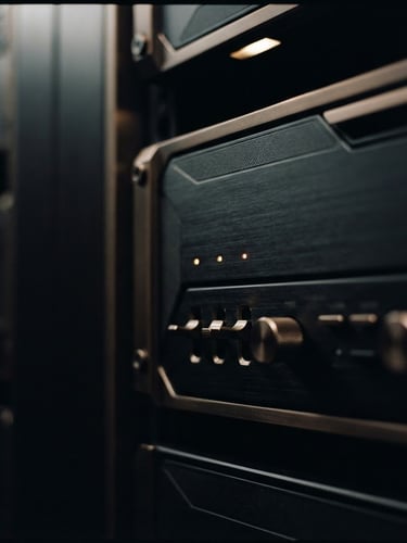 A close-up of premium physical hardware with subtle amber indicator lights, low-key dramatic architectural lighting, deep obsidian and bronze tones, 35mm