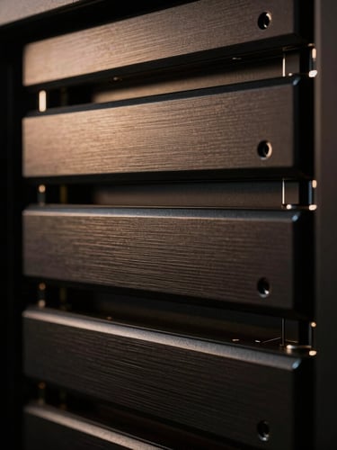 Extreme macro detail shot of premium server hardware, brushed dark obsidian metal, subtle warm bronze reflections, dramatic low-key architectural lighting.