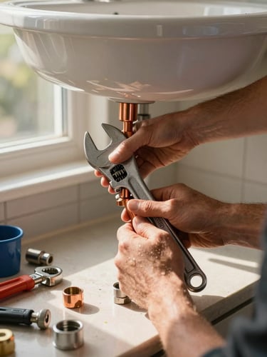 Close-up of a plumber's hands gripping a pipe wrench on a copper fitting beneath a residential sink, warm afternoon daylight streaming through a bathroom window, tools and fittings visible on the cabinet floor